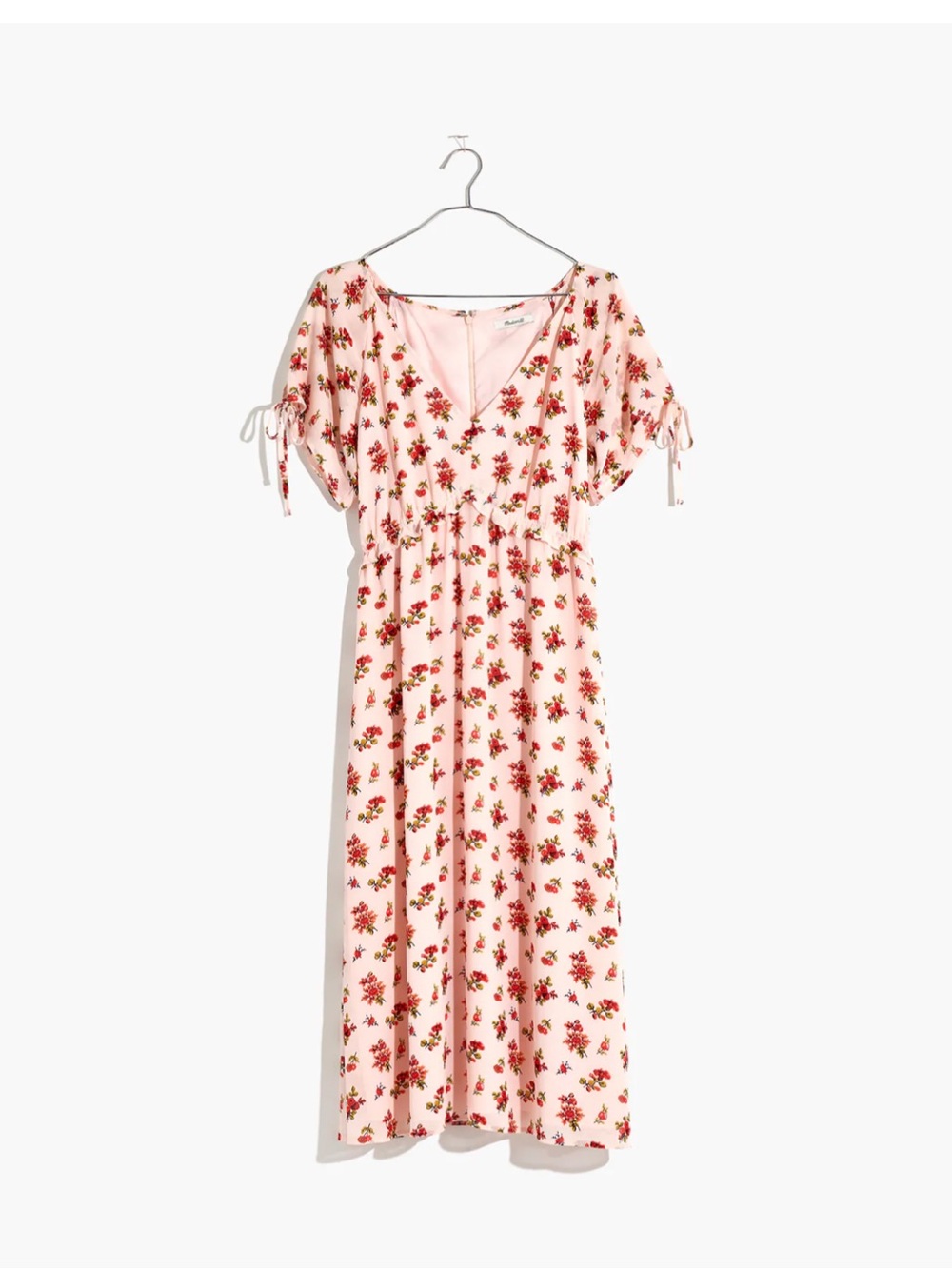 Madewell Pink Floral Midi Dress with Tie Sleeves